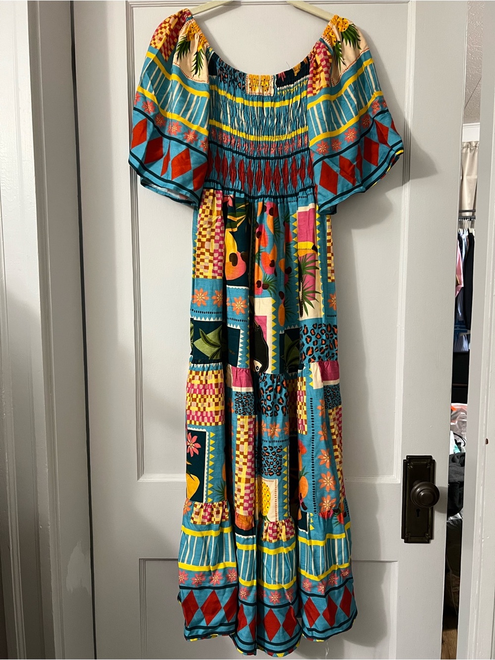 Turquoise Multicolor Patchwork Off-Shoulder Maxi Dress
